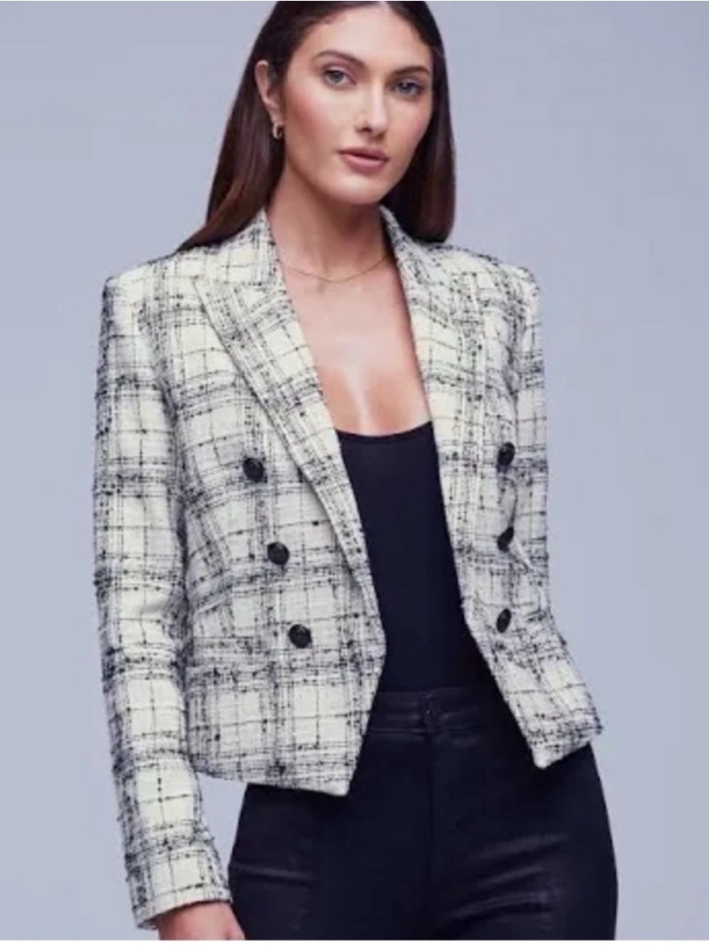L'Agence Brooke Tweed Ecru and Black Windowpane Open Jacket